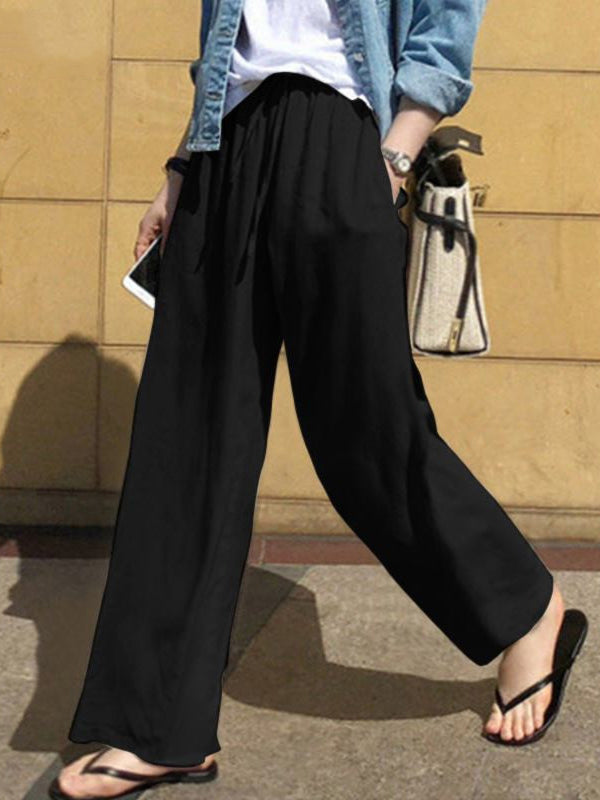 xakxx High Waisted Loose Drawstring Pockets Solid Color Pants Trousers