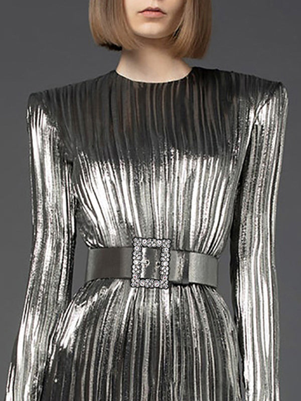 xakxx A-Line Flared Sleeves Belted Pleated Solid Color Round-Neck Mini Dresses