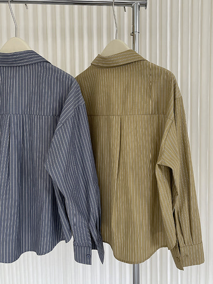 xakxx Long Sleeves Loose Asymmetric Split-Joint Striped Lapel Blouses