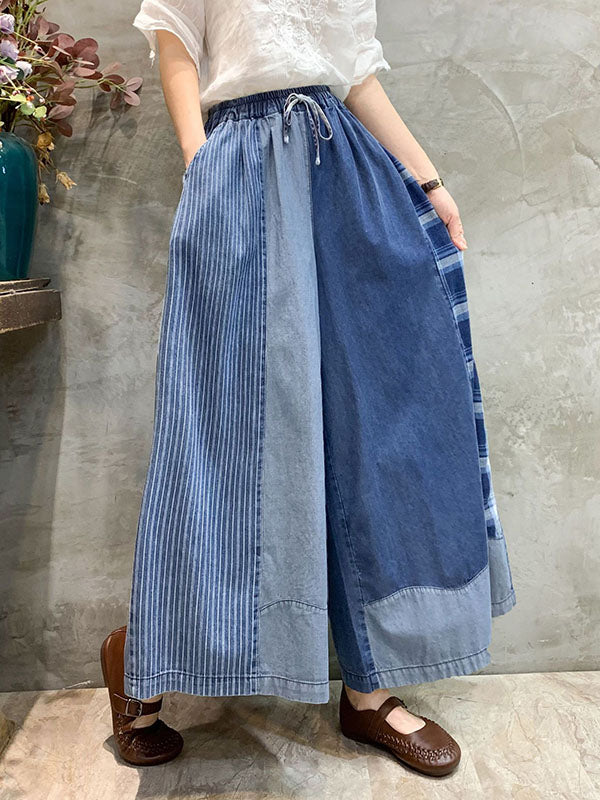 xakxx Wide Leg Split-Joint Striped Casual Pants Bottoms Jean Pants Bottoms