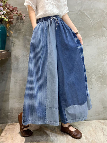 xakxx Wide Leg Split-Joint Striped Casual Pants Bottoms Jean Pants Bottoms