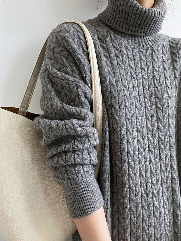 xakxx Stylish Loose Long Sleeves Solid Color High-Neck Twist Sweater Dresses