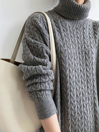 xakxx Stylish Loose Long Sleeves Solid Color High-Neck Twist Sweater Dresses
