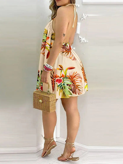 xakxx Loose Sleeveless Contrast Color Leaf Printed Halter-Neck Mini Dresses