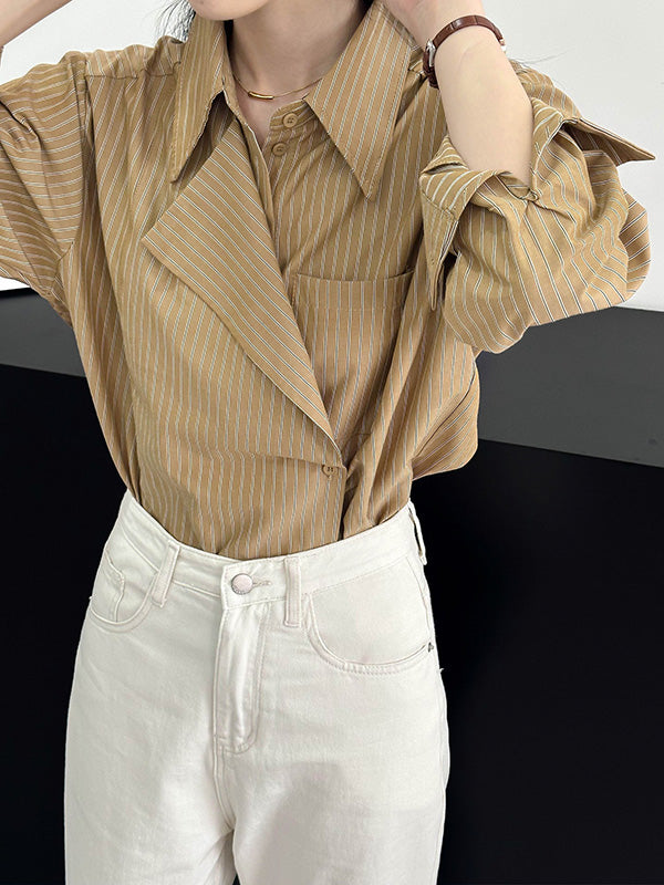 xakxx Long Sleeves Loose Asymmetric Split-Joint Striped Lapel Blouses
