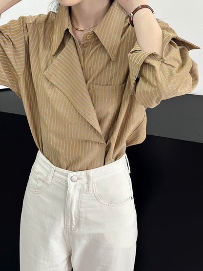 xakxx Long Sleeves Loose Asymmetric Split-Joint Striped Lapel Blouses