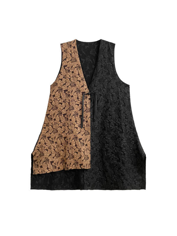 xakxx A-Line High-Low Asymmetric Contrast Color Jacquard Vest Top + Elasticity Pants Bottom Two Pieces Set