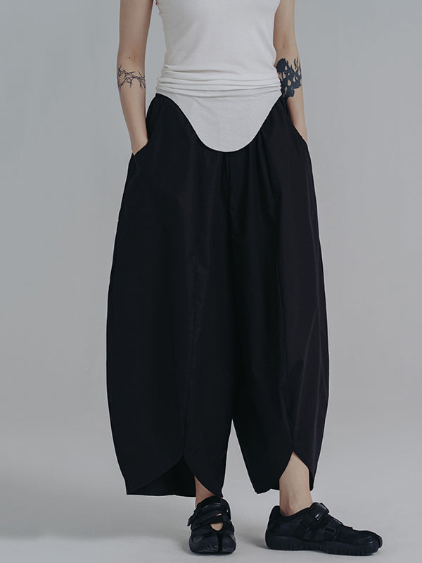 xakxx Simple Loose Elasticity Waist Wide Leg Solid Color Pants