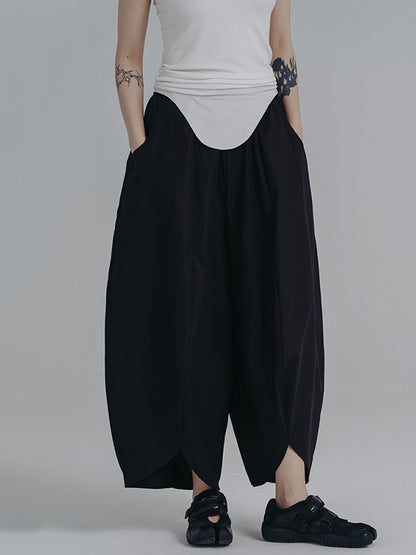 xakxx Simple Loose Elasticity Waist Wide Leg Solid Color Pants