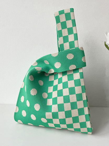 xakxx Contrast Color Plaid Polka-Dot Woven Handbag