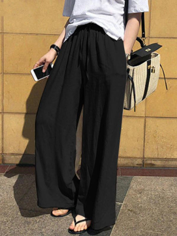 xakxx High Waisted Loose Drawstring Pockets Solid Color Pants Trousers