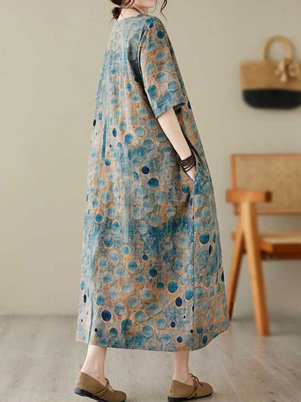 xakxx Half Sleeves Loose Contrast Color Polka-Dot Printed Round-Neck Midi Dresses