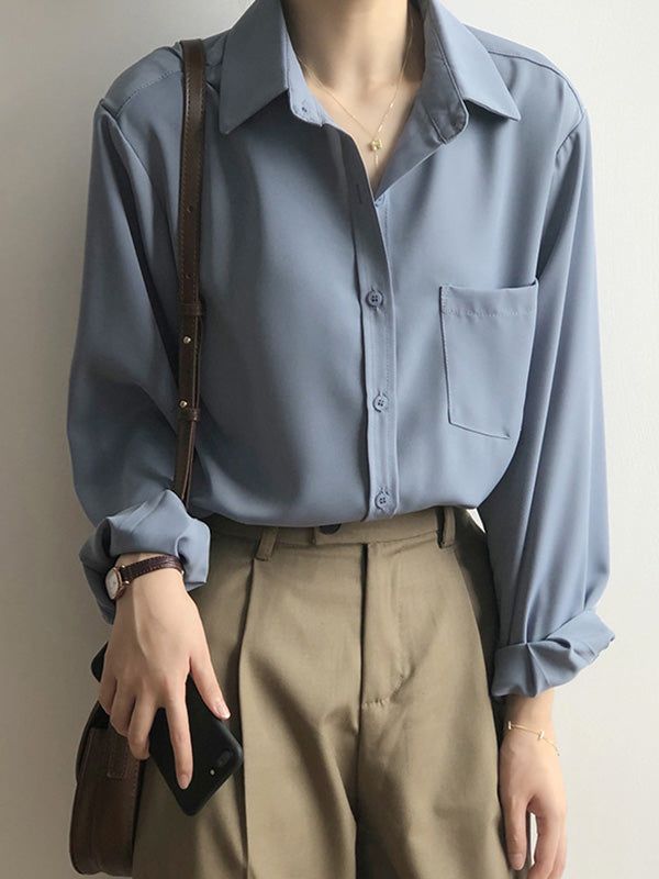 xakxx Urban Solid Color Lapel Long Sleeves Blouse