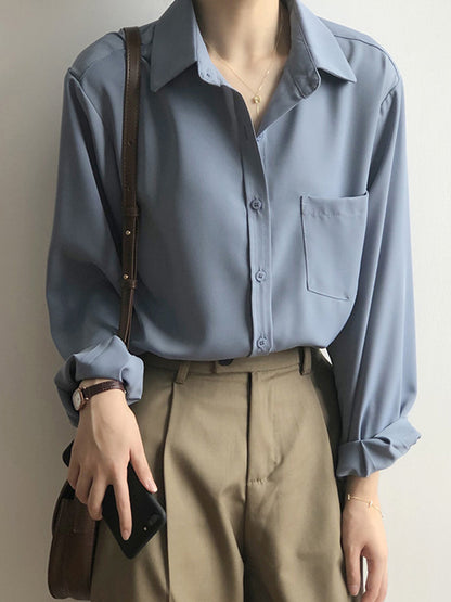 xakxx Urban Solid Color Lapel Long Sleeves Blouse