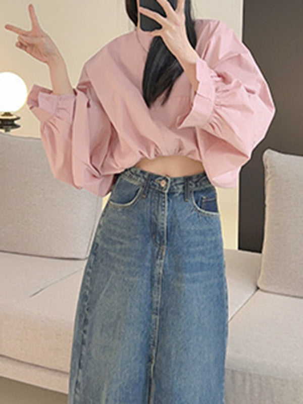 xakxx Batwing Sleeves Loose Elasticity Solid Color Round-Neck Blouses&Shirts Tops