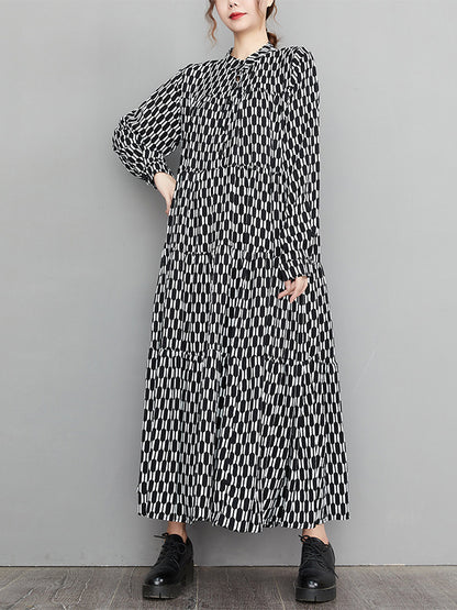 xakxx Casual Long Sleeves Loose Buttoned Contrast Color Printed Split-Joint Stand Collar Midi Dresses