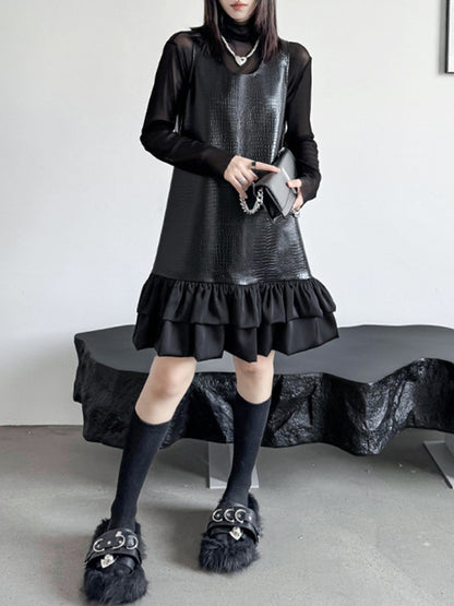 xakxx A-Line Loose Pleated Split-Joint U-Neck Mini Dresses