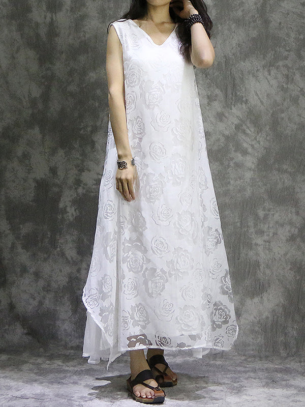 xakxx False Two Loose Flower Print Solid Color V-Neck Midi Dresses