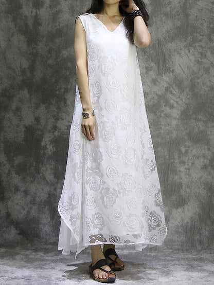 xakxx False Two Loose Flower Print Solid Color V-Neck Midi Dresses