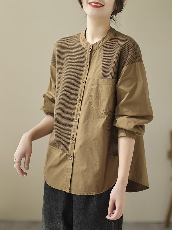 xakxx Vintage Long Sleeves Loose Split-Joint Round-Neck Blouses&Shirts Tops