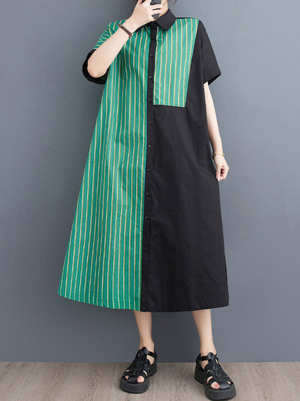 xakxx Loose Short Sleeves Asymmetric Split-Joint Striped Lapel Midi Dresses Shirt Dress