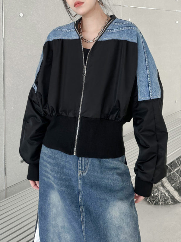 xakxx Long Sleeves Loose Pleated Split-Joint Zipper V-neck Jackets Outerwear