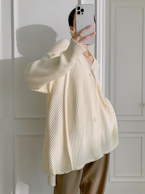 xakxx Stylish A-Line Long Sleeves Loose Solid Color V-Neck Cardigan Tops