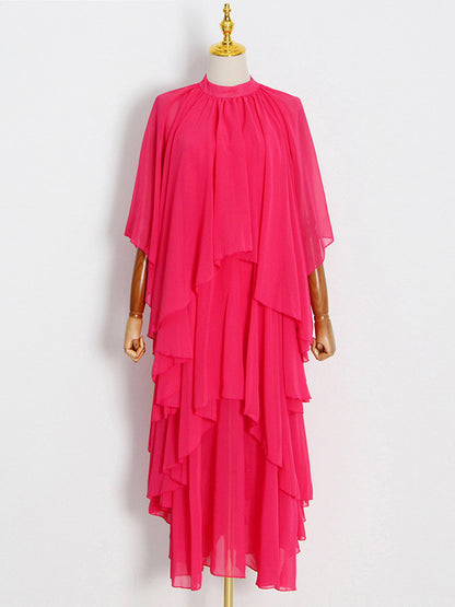 xakxx Loose Raglan Sleeve Solid Color Tiered Stand Collar Maxi Dresses