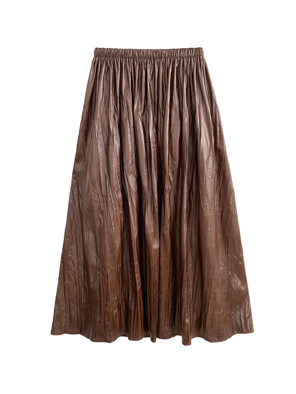 xakxx A-Line High Waisted Elasticity Pleated Solid Color Skirts Bottoms