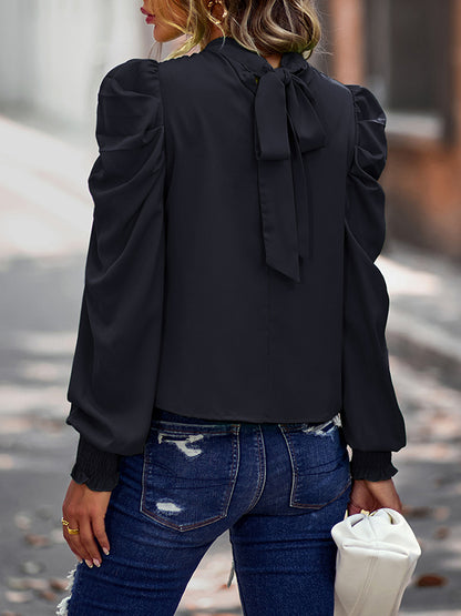 xakxx Bishop Sleeve Long Sleeves Pleated Solid Color Mock Neck Blouses&Shirts Tops