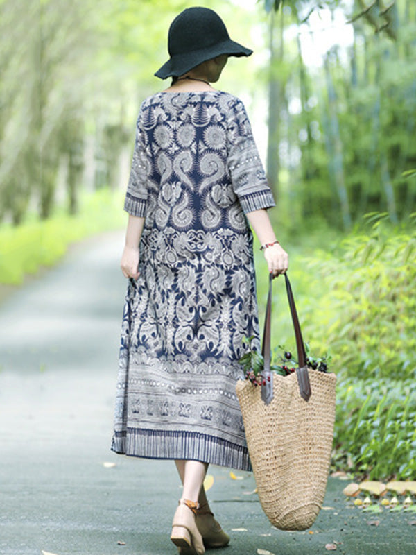 xakxx Vintage Cotton Blend Printing Midi Dresses