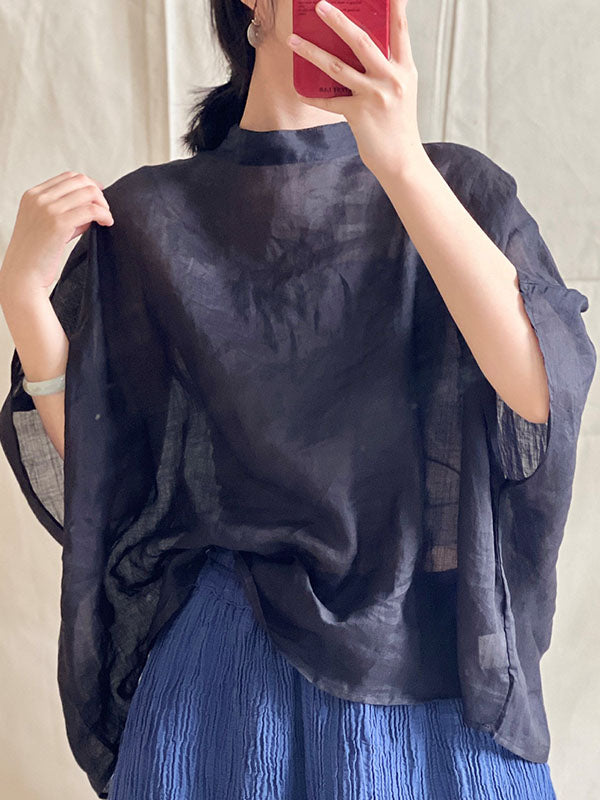 xakxx Batwing Sleeves Loose Lace-Up See-Through Solid Color Stand Collar Shirts Tops