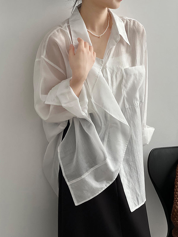 xakxx Irregular Clipping Long Sleeves Solid Color Lapel Blouses&Shirts Tops