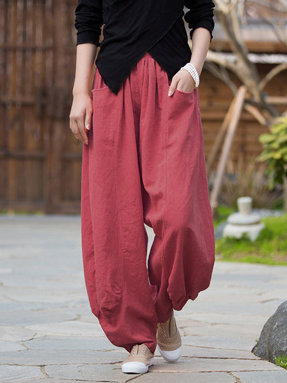xakxx 7 Colors Casual Wide Leg High Waisted Solid Color Linen Pants