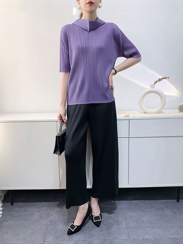 xakxx Half Sleeves Hooded Pleated Solid Color Mock Neck T-Shirts Tops