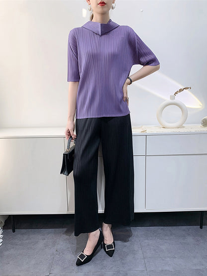 xakxx Half Sleeves Hooded Pleated Solid Color Mock Neck T-Shirts Tops