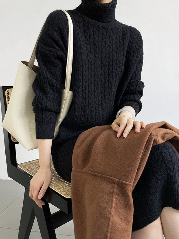 xakxx Stylish Loose Long Sleeves Solid Color High-Neck Twist Sweater Dresses