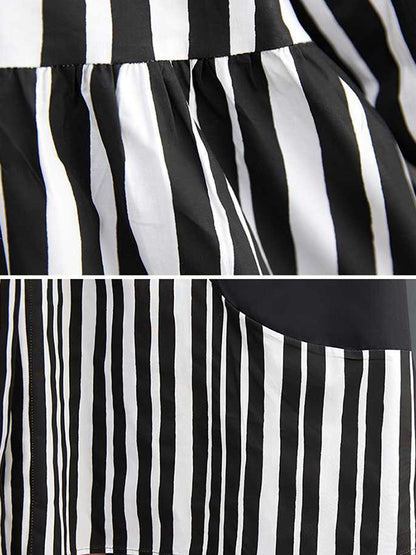 xakxx Long Sleeves Loose Buttoned Split-Joint Striped Mock Neck Midi Dresses