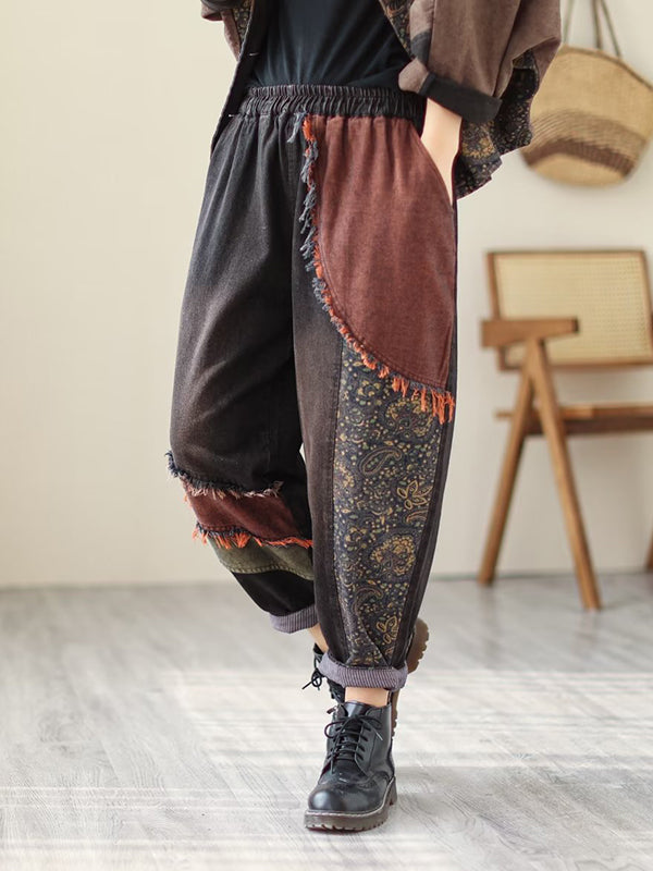 xakxx Contrast Color Fringed Split-Joint Long Sleeves Printed Outwear + Harem Pants  Two Pieces Set