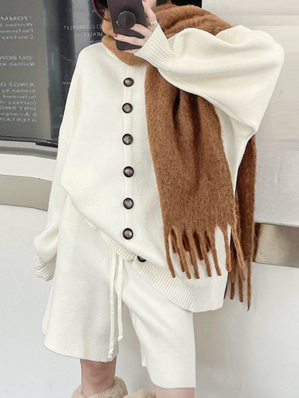 xakxx Long Sleeves Loose Buttoned Round-Neck Sweater Top + Drawstring Shorts Bottom Two Pieces Set