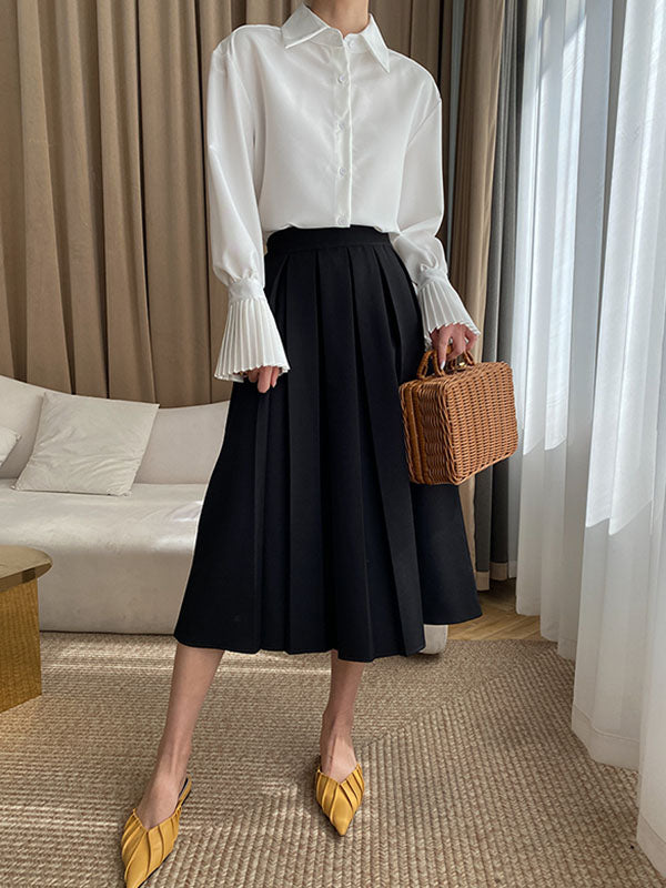 xakxx Flared Sleeves Solid Color Lapel Blouses&Shirts Tops