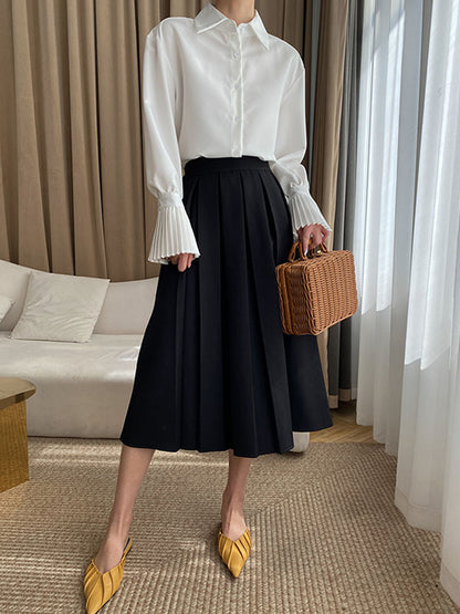 xakxx Flared Sleeves Solid Color Lapel Blouses&Shirts Tops
