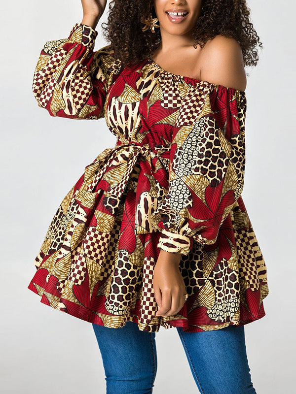 xakxx High Waisted Loose Elasticity Flower Print Tied Waist One-Shoulder Mini Dresses