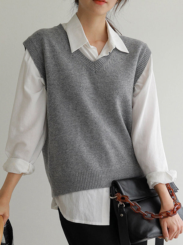 xakxx Casual Loose Sleeveless Solid Color V-Neck Sweater Vest Outerwear
