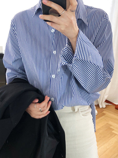 xakxx Urban Loose Striped Lapel Collar Blouses&Shirts Tops