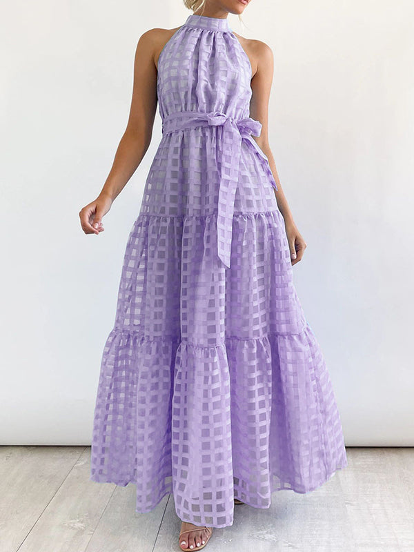 xakxx Loose Sleeveless Plaid Ribbed Stand Collar Maxi Dresses