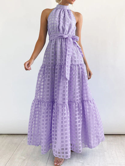 xakxx Loose Sleeveless Plaid Ribbed Stand Collar Maxi Dresses