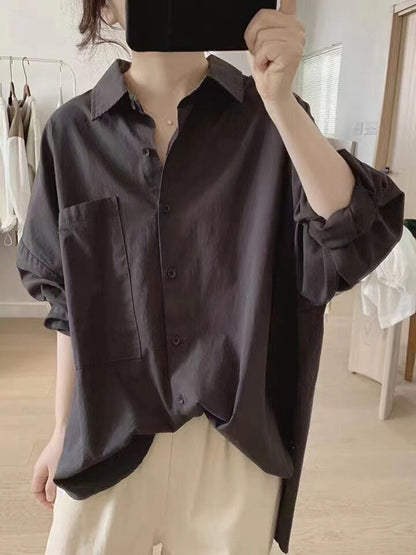 xakxx Casual Long Sleeves Loose Buttoned Solid Color Lapel Collar Blouses&Shirts Tops