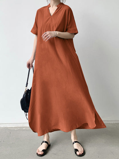 xakxx Loose Short Sleeves Solid Color V-Neck Maxi Dresses