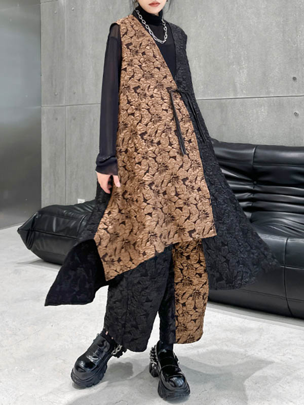 xakxx A-Line High-Low Asymmetric Contrast Color Jacquard Vest Top + Elasticity Pants Bottom Two Pieces Set